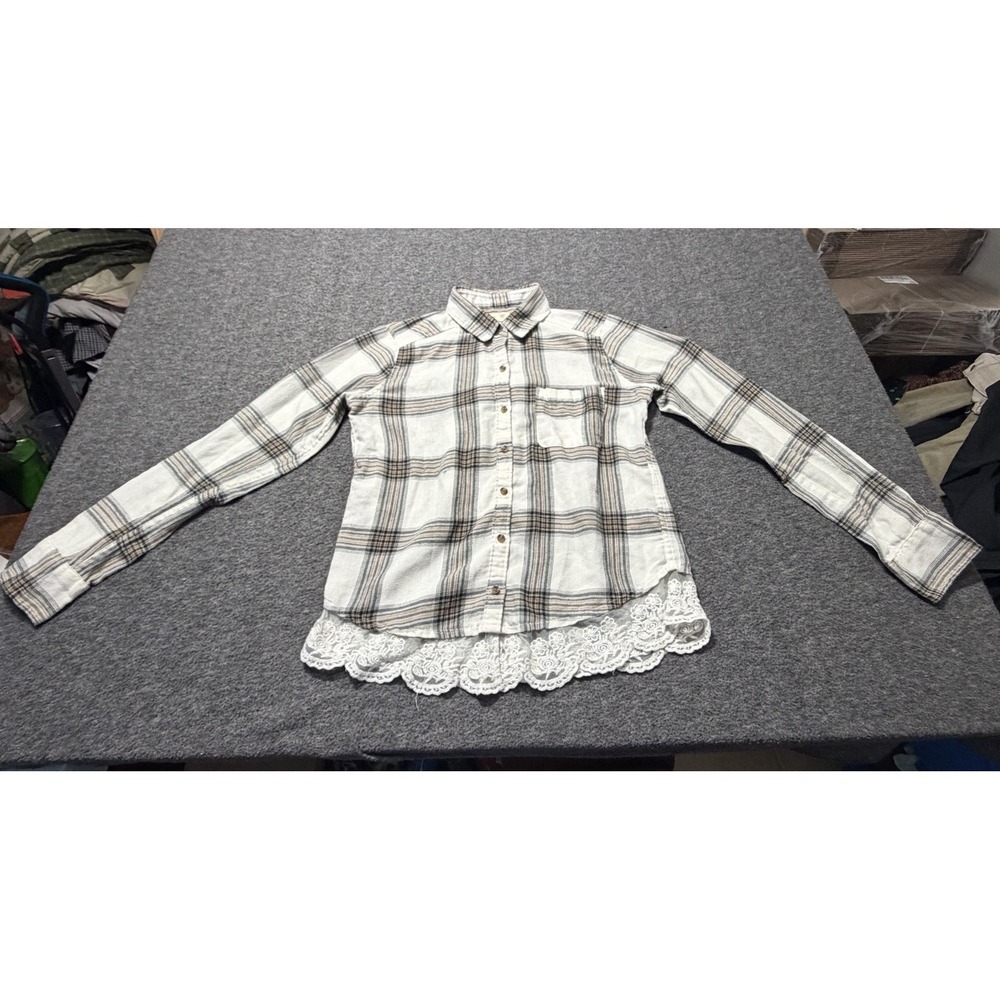 Hollister Flannel Shirt Women XS White Brown Plaid Lace Trim Collar Button Front